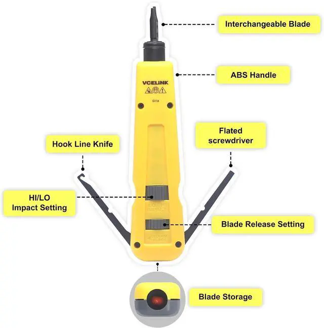 Alt view image 3 of 7 - VCE Punch Down Impact Tool with 110 and 66 Blades Bundle with 50-Pack RJ45 Cat6A 90-Degree Keystone Jack Blue with 2-Pack Wire Stripper Cutter and 1-Pack Punch Down Stand