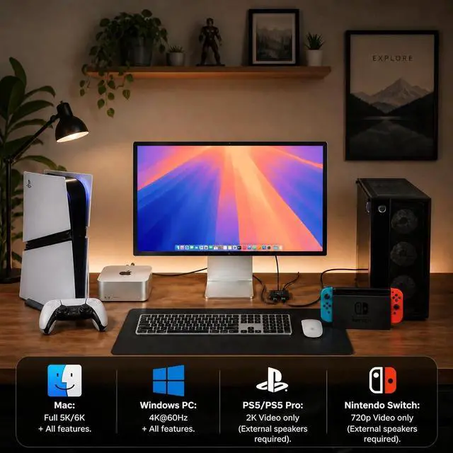 Alt view image 2 of 7 - USB-C KVM Switch: Use Apple Studio Display/XDR with PS5, Switch, Mac (5K@120Hz/6K@60Hz) & Windows PC(4K@60Hz), HDMI to USB-C Bridge, Support Camera/Mic/Audio/PD, LG Ultrafine