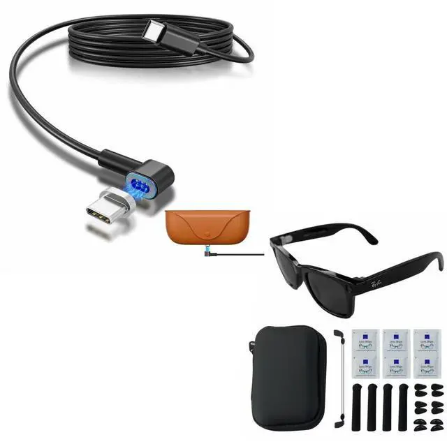 Main image of 2-in-1 Smart Glasses Charging & Care Kit Compatible with Ray-Ban & Oakley Meta Magnetic USB-C Charger Cable with Handshake Protocol + Accessories Set with Storage Case, Nose Pads, Lanyard & Cleaning
