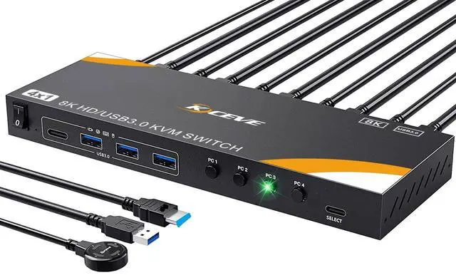 Main image of 8K KVM Switch 1 Monitor 4 Computers 8K@60Hz 4K@120Hz, HDMI KVM Switch with 3 USB 3.0 Ports for 4 Computers Share 1 Monitor Keyboard Mouse Printer, with 2 USB Cables and Controller