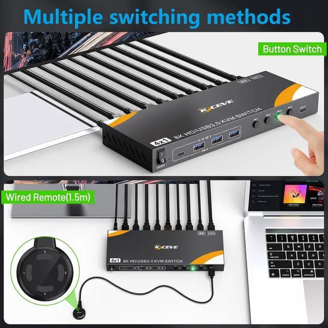 Alt view image 6 of 7 - 8K KVM Switch 1 Monitor 4 Computers 8K@60Hz 4K@120Hz, HDMI KVM Switch with 3 USB 3.0 Ports for 4 Computers Share 1 Monitor Keyboard Mouse Printer, with 2 USB Cables and Controller