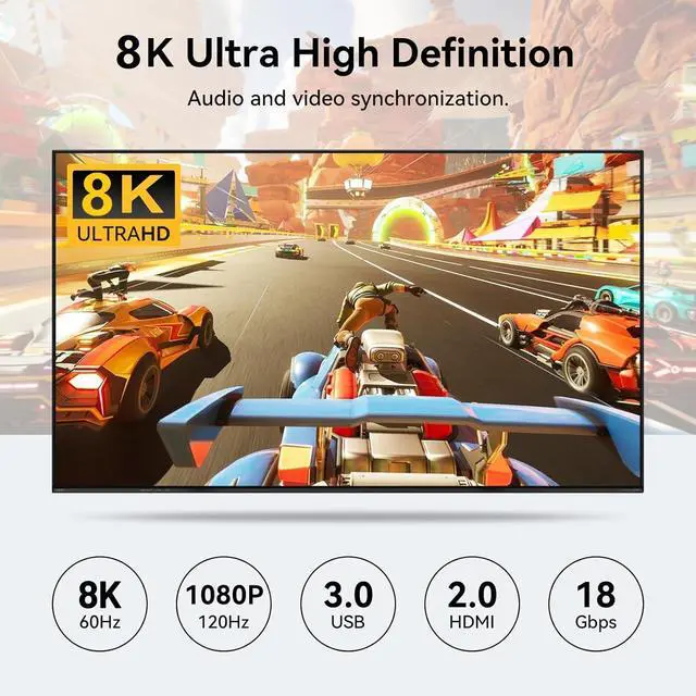 Alt view image 7 of 7 - 8K KVM Switch 1 Monitor 4 Computers 8K@60Hz 4K@120Hz, HDMI KVM Switch with 3 USB 3.0 Ports for 4 Computers Share 1 Monitor Keyboard Mouse Printer, with 2 USB Cables and Controller