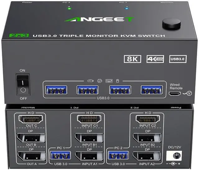 Main image of KVM Switch 3 Monitors 2 Computers 8K@60Hz 4K@144Hz, ANGEET HDMI Displayport KVM Switch Triple Monitor for 2 Computer Share 3 Monitor and 4 USB3.0 Devices, with Wired Remote and Power Adapter