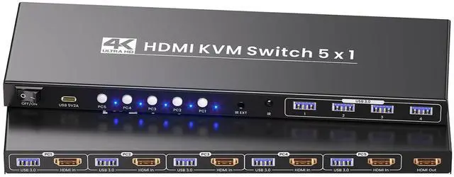 Main image of 5 Port HDMI KVM Switch, 4K@60Hz USB 3.0 KVM Switch 1 Monitor 5 Computers for Operating 5 PCs with One Keyboard, Mouse and Monitor