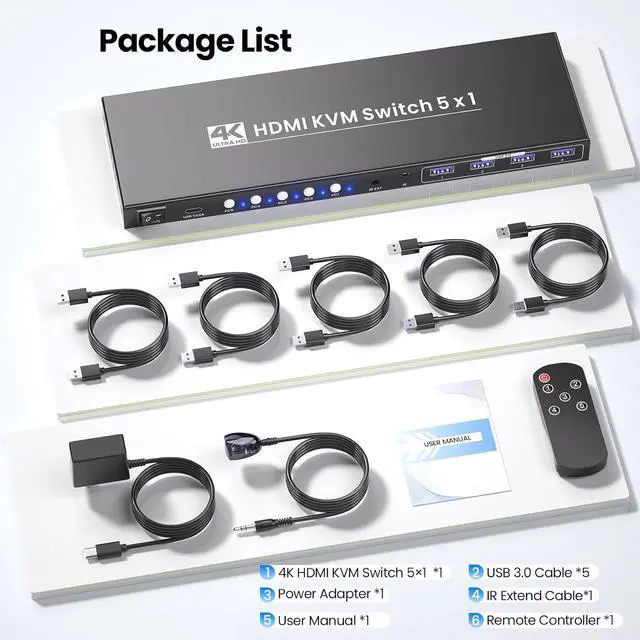 Alt view image 7 of 7 - 5 Port HDMI KVM Switch, 4K@60Hz USB 3.0 KVM Switch 1 Monitor 5 Computers for Operating 5 PCs with One Keyboard, Mouse and Monitor