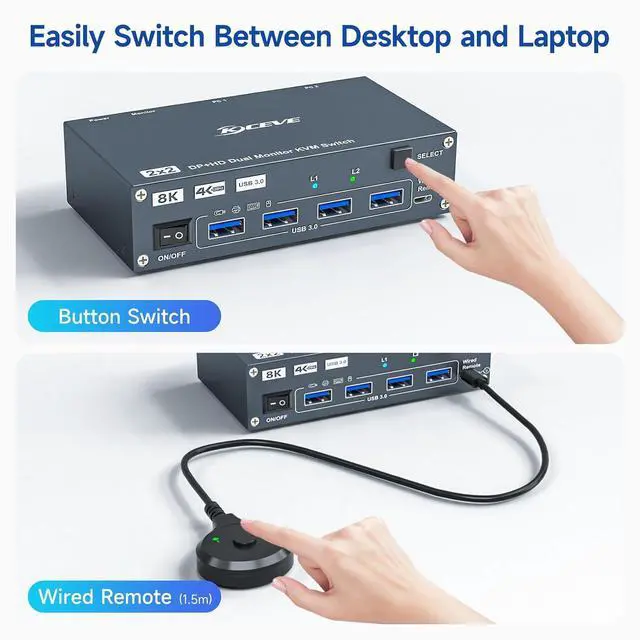 Alt view image 7 of 7 - HDMI Displayport KVM Switch 2 Computers 2 Monitors, 4K@60Hz KVM Switcher Dual Monitor for 2 PC, USB 3.0 Ports Support Extended/Mirror Mode with Desktop Controller