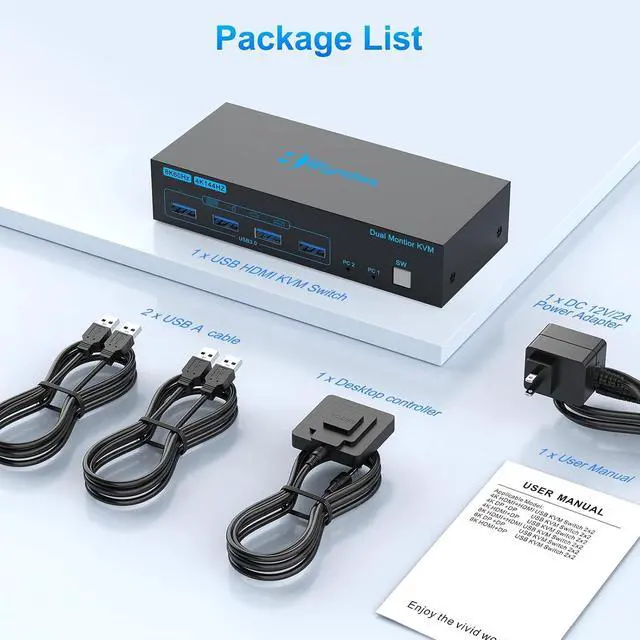 Alt view image 5 of 7 - Btyrehes Dual Monitor KVM Switch,8K60Hz 4K144Hz HDMI KVM Switch 2 Monitors 2 Computers with 4 USB 3.0 Ports for 2 PC Sharing 2 Monitors,Keyboard,Mouse with 2 USB Cables,Remote Button