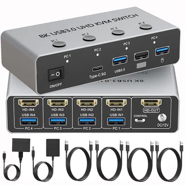 Main image of KVM Switch 4 Computers 1 Monitor, 8K@60Hz HDMI Switcher with 4 HDMI in 1 Out, 3 USB3.0+1 Type-C Hub, Wired Remote, 4 PCs Share Keyboard Mouse Printer, Home Office, Gaming + Streaming