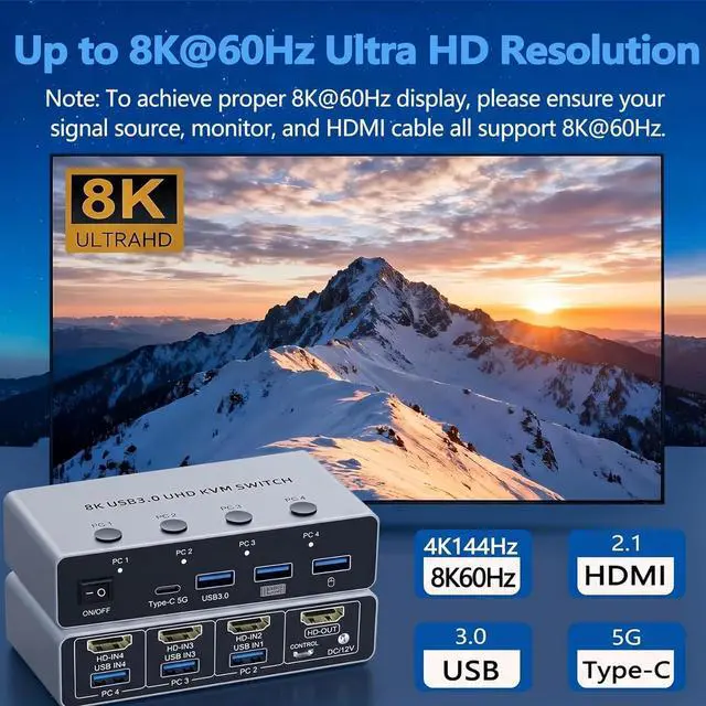 Alt view image 2 of 7 - KVM Switch 4 Computers 1 Monitor, 8K@60Hz HDMI Switcher with 4 HDMI in 1 Out, 3 USB3.0+1 Type-C Hub, Wired Remote, 4 PCs Share Keyboard Mouse Printer, Home Office, Gaming + Streaming