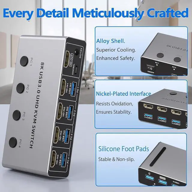 Alt view image 6 of 7 - KVM Switch 4 Computers 1 Monitor, 8K@60Hz HDMI Switcher with 4 HDMI in 1 Out, 3 USB3.0+1 Type-C Hub, Wired Remote, 4 PCs Share Keyboard Mouse Printer, Home Office, Gaming + Streaming