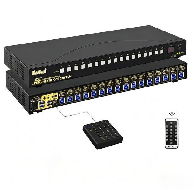 Main image of JideTech 16 Port HDMI KVM Switch 4K@60Hz, USB 3.0, HDCP 2.1 & EDID, Control 16 Computers via One Monitor Keyboard Mouse, Hotkey Switching, 1U Rack Mount, Windows Mac Linux Unix