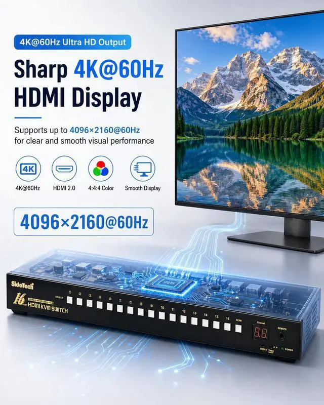 Alt view image 3 of 7 - JideTech 16 Port HDMI KVM Switch 4K@60Hz, USB 3.0, HDCP 2.1 & EDID, Control 16 Computers via One Monitor Keyboard Mouse, Hotkey Switching, 1U Rack Mount, Windows Mac Linux Unix