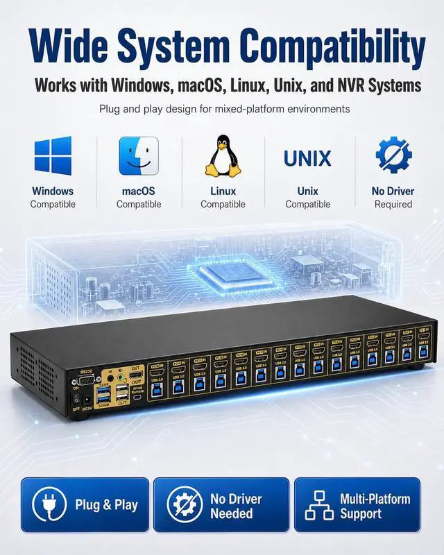 Alt view image 7 of 7 - JideTech 16 Port HDMI KVM Switch 4K@60Hz, USB 3.0, HDCP 2.1 & EDID, Control 16 Computers via One Monitor Keyboard Mouse, Hotkey Switching, 1U Rack Mount, Windows Mac Linux Unix
