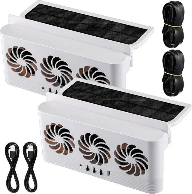 Main image of Tujoe 2 Pack Solar Powered Car Exhaust Fan 3 Fans Car Window Air Vent Radiator Solar Energy Cooling Vent Exhaust for General Types (Solar & Battery & USB 3 Fans,White)