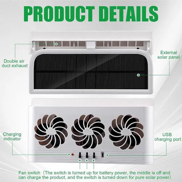 Alt view image 3 of 7 - Tujoe 2 Pack Solar Powered Car Exhaust Fan 3 Fans Car Window Air Vent Radiator Solar Energy Cooling Vent Exhaust for General Types (Solar & Battery & USB 3 Fans,White)