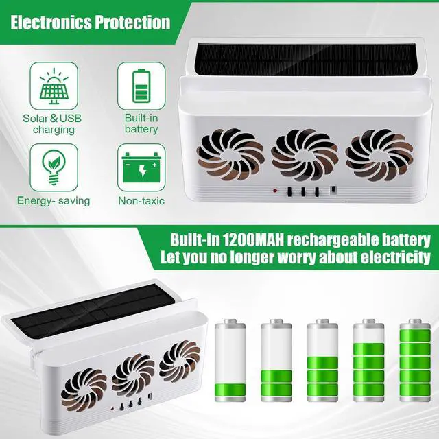 Alt view image 4 of 7 - Tujoe 2 Pack Solar Powered Car Exhaust Fan 3 Fans Car Window Air Vent Radiator Solar Energy Cooling Vent Exhaust for General Types (Solar & Battery & USB 3 Fans,White)
