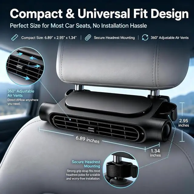 Alt view image 2 of 7 - Powerful Airflow Car Seat Fan for Driver & Backseat, Portable USB Car Cooling Fan for Back Seat, Quiet Headrest Neck Fan With 3 Adjustable Wind Speeds (Black, Wireless)