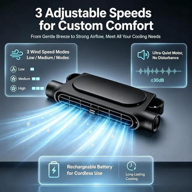 Alt view image 4 of 7 - Powerful Airflow Car Seat Fan for Driver & Backseat, Portable USB Car Cooling Fan for Back Seat, Quiet Headrest Neck Fan With 3 Adjustable Wind Speeds (Black, Wireless)