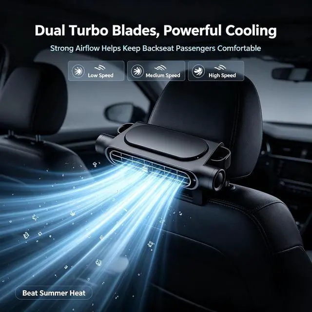 Alt view image 3 of 7 - Powerful Airflow Car Seat Fan for Driver & Backseat, Portable USB Car Cooling Fan for Back Seat, Quiet Headrest Neck Fan With 3 Adjustable Wind Speeds (Black, Wireless)