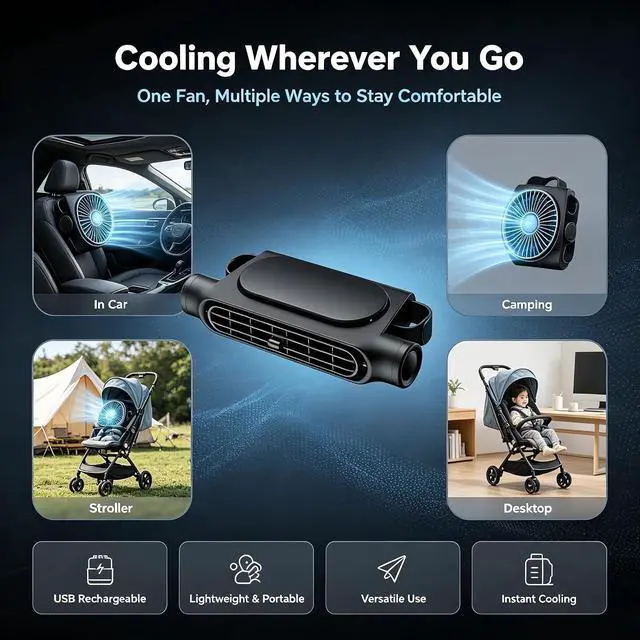 Alt view image 5 of 7 - Powerful Airflow Car Seat Fan for Driver & Backseat, Portable USB Car Cooling Fan for Back Seat, Quiet Headrest Neck Fan With 3 Adjustable Wind Speeds (Black, Wireless)