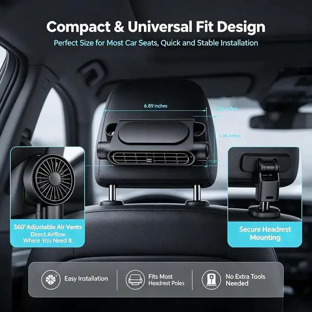 Alt view image 7 of 7 - Powerful Airflow Car Seat Fan for Driver & Backseat, Portable USB Car Cooling Fan for Back Seat, Quiet Headrest Neck Fan With 3 Adjustable Wind Speeds (Black, Wireless)