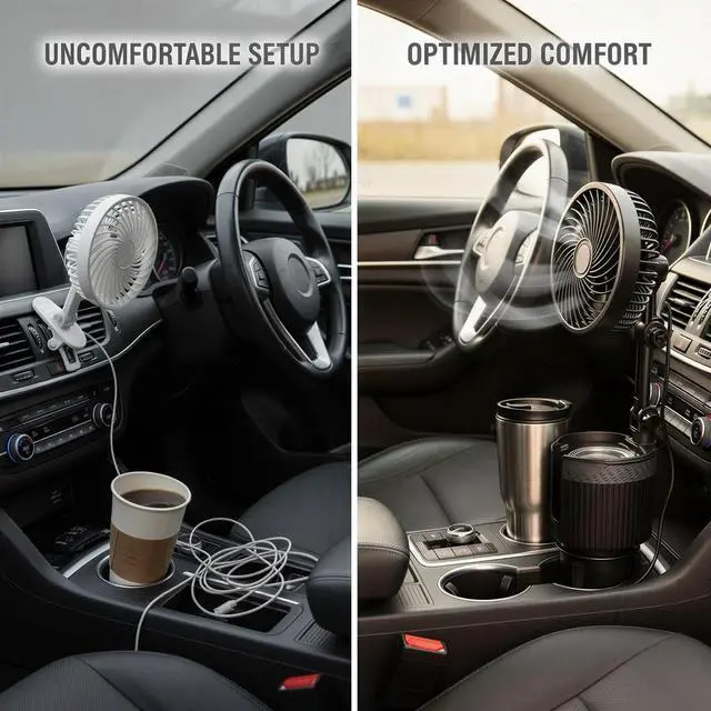 Alt view image 5 of 5 - Car Cooling Fan, 2-in-1 USB Powered with Cup Holder, 6 in / 15.2 cm, Telescopic Rotating Mount, Adjustable Base, 5V Universal Vehicle Fan for Cars, Trucks, SUVs