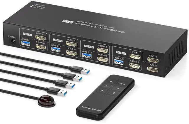 Main image of KVM Switch 4 Computers 2 Monitors HDMI 4K120Hz EDID Emulation 4 Port KVM Switch for 4 PCs to Share Dual Monitors and 4 USB 3.0 Peripherals Support for Copy/Extend Modes with Controller