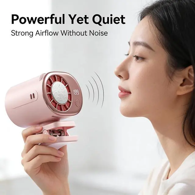 Alt view image 5 of 7 - Portable Clip On Fan with LED Display, 360° Adjustable Airflow USB Powered Quiet Cooling Fan, Compact Air Conditioner Fan for Car Vent, Desk, Travel (Pink)