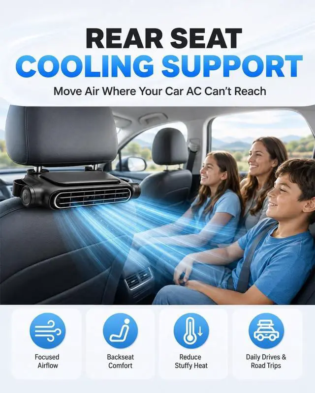 Alt view image 2 of 7 - Car Seat Fan USB Connectivity Dual Turbines Powerful Airflow Portable Breeze Headrest Cooling for Rear Facing Driver Backseat Eliminates Swamp Back Cars Accessories Upgraded Chiller(2PCS-USB-A)