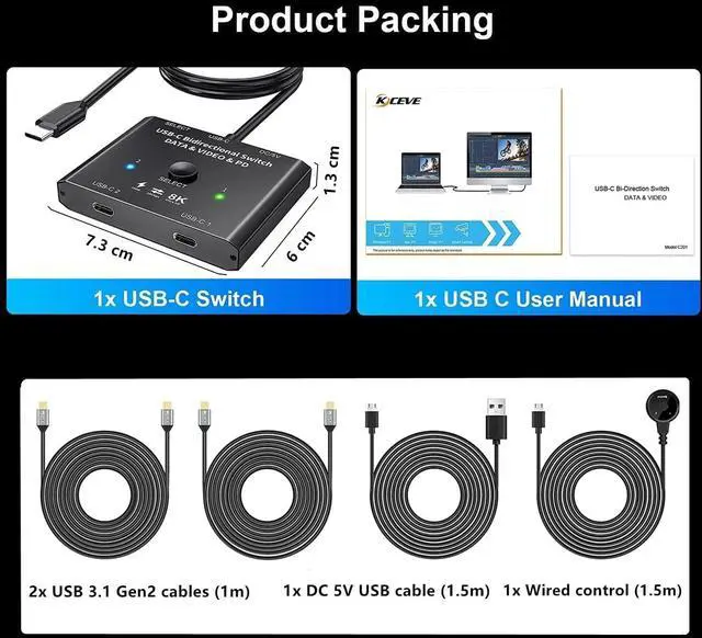 Alt view image 6 of 7 - 8K USB C Switch 2 Computers, Bi-Directional USB C Switch 1 in 2 Out/ 2 in 1 Out, USB Switcher 2 Computers Share USB Devices for Printer, Keyboard, Mouse, No Compatible with Docking Station