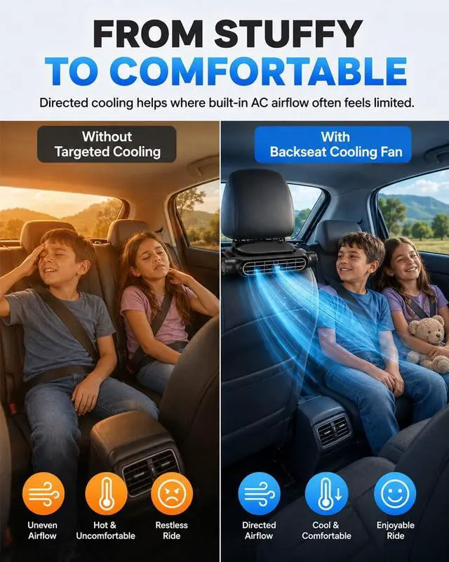 Alt view image 5 of 7 - Car Seat Fan USB Connectivity Dual Turbines Powerful Airflow Portable Breeze Headrest Cooling for Rear Facing Driver Backseat Eliminates Swamp Back Cars Accessories Upgraded Chiller(2PCS-USB-A)