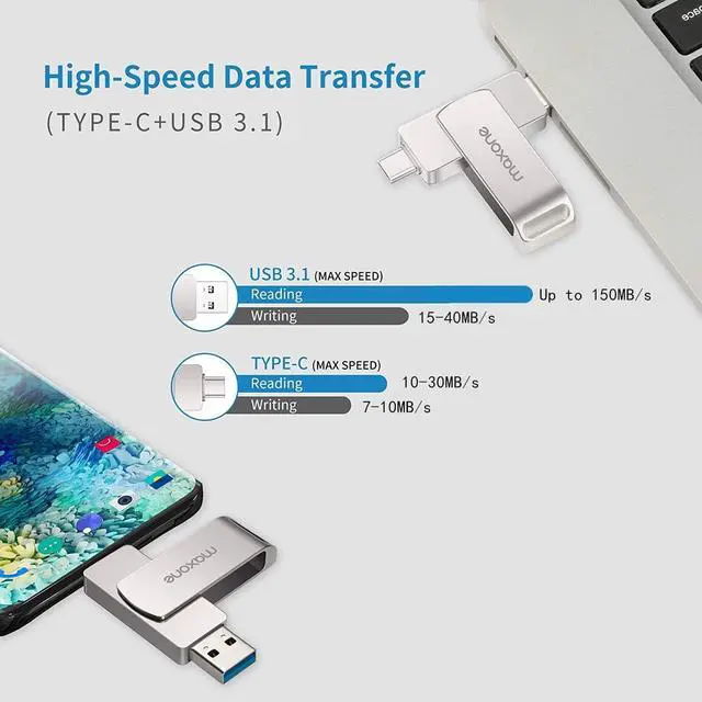 Alt view image 3 of 7 - Maxone Flash Drive USB Type C Both 3.1 Tech - 2 in 1 Dual Drive Memory Stick High Speed OTGCompatible with Android Smartphone Computer, MacBook, Chromebook Pixel (256GB)