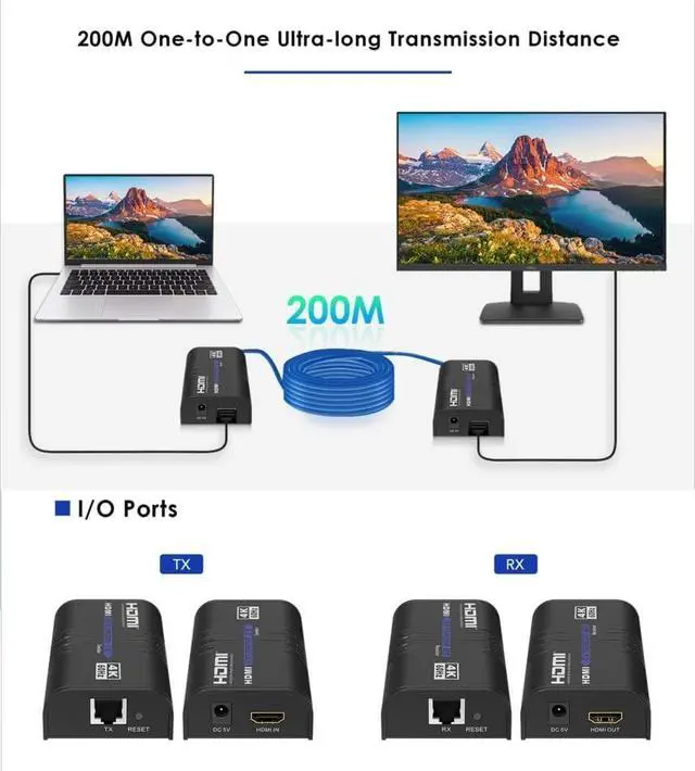 Alt view image 7 of 7 - LKV473 HDMI Extender 4K @ 60Hz, Up to 394ft (120m) Over Ethernet TCP/IP RJ45 Cat5/5e/6 Extender, 18Gbps HDMI Video Transmitter Receiver Kit for STB PS3, Supports HDCP 1.4/HDCP 2.2