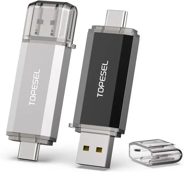 Main image of TOPESEL 2 Pack 128GB USB C Flash Drive Dual 2-in-1 Thumb Drive USB 3.0/3.1 Memory Drive 128GB Type C Memory Stick with LED Indicator for Android Smartphones, Computer, Tablet, PC (Black and Silver)