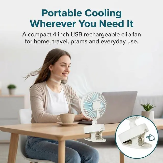 Alt view image 2 of 7 - A2Z Mini 4 Inch Desk Clip Fan Quiet Portable USB Rechargeable 3 Speed Home Bedroom Office Car Outdoor Travel Prams Fan White