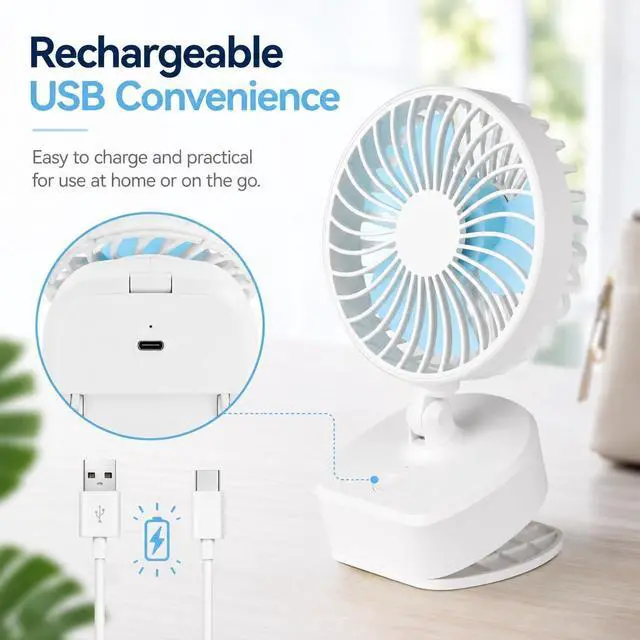 Alt view image 3 of 7 - A2Z Mini 4 Inch Desk Clip Fan Quiet Portable USB Rechargeable 3 Speed Home Bedroom Office Car Outdoor Travel Prams Fan White