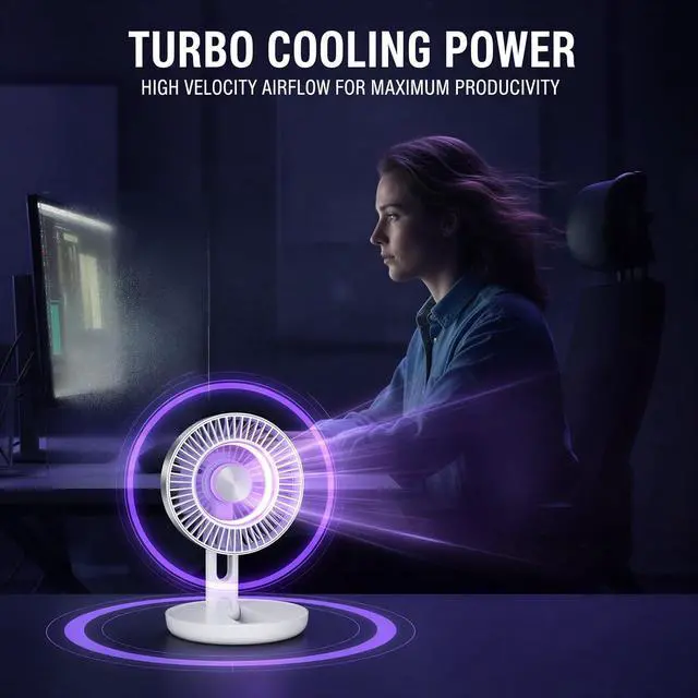 Alt view image 2 of 6 - USB Desk Fan, Portable Collapsible Rechargeable Fan with 1800 mAh Battery, 5 Speeds Adjustable Personal Cooling, 3D Air Circulation, Quiet Operation for Office Home Dorm Camping, Colorful LED Light