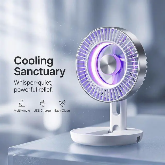Alt view image 3 of 6 - USB Desk Fan, Portable Collapsible Rechargeable Fan with 1800 mAh Battery, 5 Speeds Adjustable Personal Cooling, 3D Air Circulation, Quiet Operation for Office Home Dorm Camping, Colorful LED Light