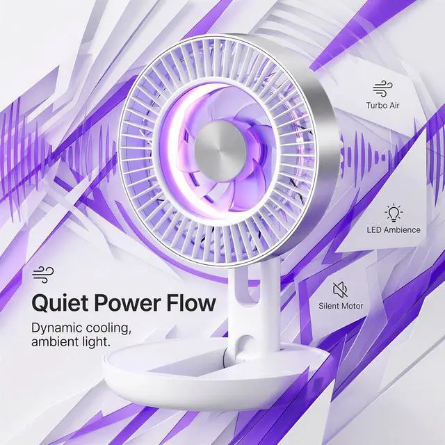 Alt view image 4 of 6 - USB Desk Fan, Portable Collapsible Rechargeable Fan with 1800 mAh Battery, 5 Speeds Adjustable Personal Cooling, 3D Air Circulation, Quiet Operation for Office Home Dorm Camping, Colorful LED Light
