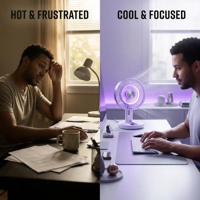Alt view image 6 of 6 - USB Desk Fan, Portable Collapsible Rechargeable Fan with 1800 mAh Battery, 5 Speeds Adjustable Personal Cooling, 3D Air Circulation, Quiet Operation for Office Home Dorm Camping, Colorful LED Light
