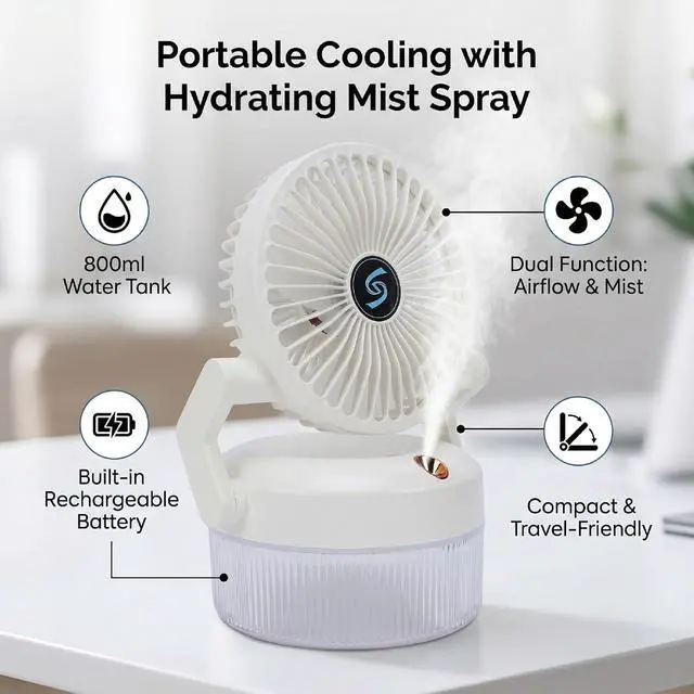Alt view image 7 of 7 - USB Rechargeable Desk Fan with Mist Spray 800ml Water Tank Portable Folding Fan for Dormitories Offices