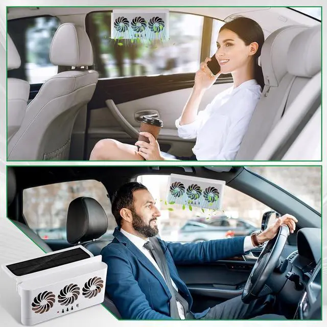 Alt view image 7 of 7 - Tujoe 2 Pack Solar Powered Car Exhaust Fan 3 Fans Car Window Air Vent Radiator Solar Energy Cooling Vent Exhaust for General Types (Solar & Battery & USB 3 Fans,White)