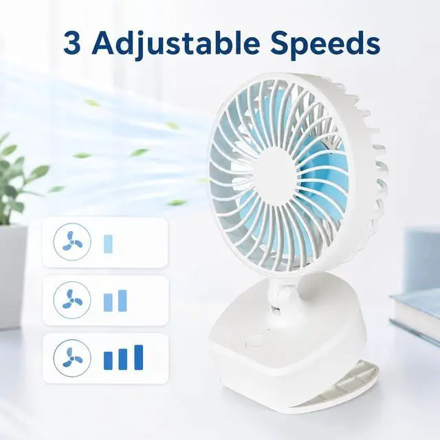 Alt view image 4 of 7 - A2Z Mini 4 Inch Desk Clip Fan Quiet Portable USB Rechargeable 3 Speed Home Bedroom Office Car Outdoor Travel Prams Fan White