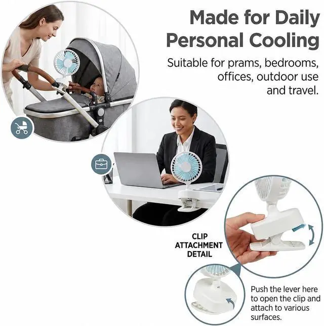 Alt view image 6 of 7 - A2Z Mini 4 Inch Desk Clip Fan Quiet Portable USB Rechargeable 3 Speed Home Bedroom Office Car Outdoor Travel Prams Fan White