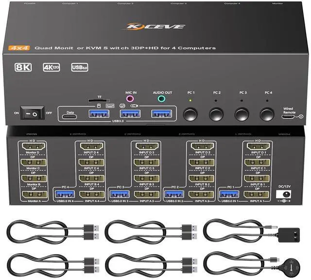 Main image of KVM Switch 4 Computers 4 Monitors HDMI 8K@60Hz, Reyoten USB 3.0 DP KVM Switch for 4 Computers Share 4 Monitors and 4 USB Devices with Power Adapter, KVM Switches with Extend Controller