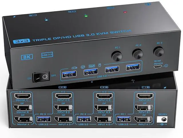 Main image of KVM Switch 3 Monitors 3 Computers, ANXQQ 8K@60Hz 4K@144Hz Triple Monitor KVM, HDMI + Displayport KVM Switch with 4 USB 3.0 Ports, 3 Monitor KVM with Power Adapter and Wired Remote