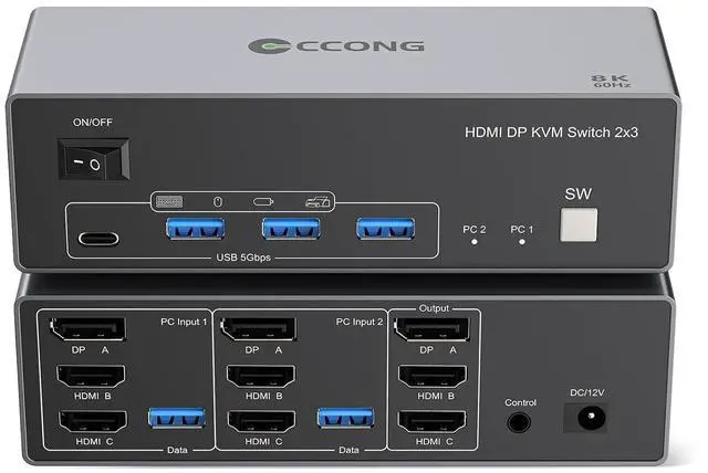 Main image of 8K@60Hz HDMI Displayport KVM Switch 3 Monitors 2 Computers, Aluminum 4K@144Hz with 4 USB 3.0 Ports for 2 Computers Share Triple Monitors with 2 USB Cables/Power Adapter/Controller