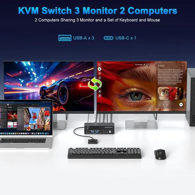 Alt view image 2 of 7 - 8K@60Hz HDMI Displayport KVM Switch 3 Monitors 2 Computers, Aluminum 4K@144Hz with 4 USB 3.0 Ports for 2 Computers Share Triple Monitors with 2 USB Cables/Power Adapter/Controller