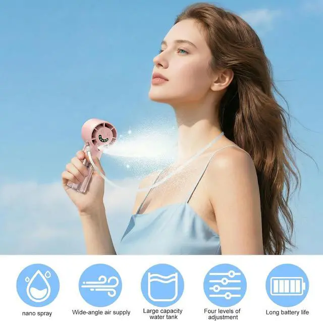 Alt view image 4 of 7 - cjc Portable Handheld Misting Fan,1800mAh USB Rechargeable Mini Table Fan with LED Display,4 Speeds Wind,Robot Appearance Quiet Neck Fan for Travel, Outdoor, Beach (Pink)