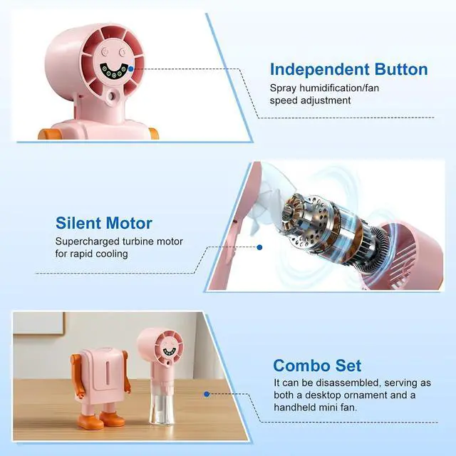 Alt view image 3 of 7 - cjc Portable Handheld Misting Fan,1800mAh USB Rechargeable Mini Table Fan with LED Display,4 Speeds Wind,Robot Appearance Quiet Neck Fan for Travel, Outdoor, Beach (Pink)